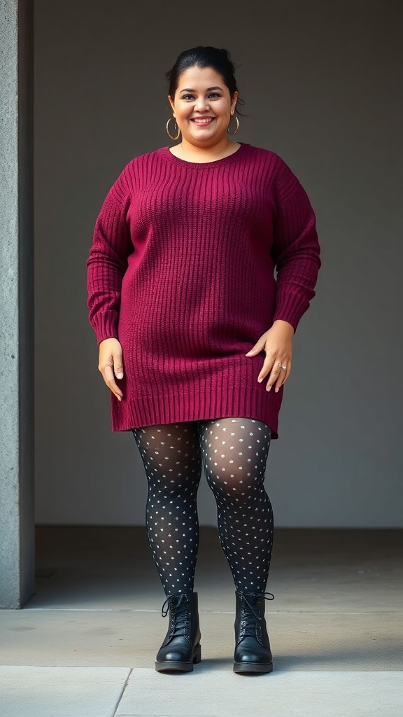 A plus size woman wearing a burgundy sweater dress, patterned tights, and black combat boots, smiling confidently.