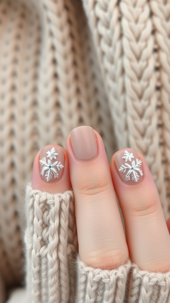 Nails with a soft taupe base and snowflake designs, paired with a cozy knitted sweater.