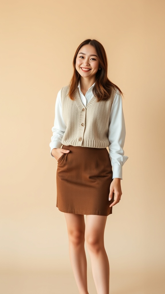 A woman wearing a sweater vest over a button-up shirt with a mini skirt, smiling against a neutral background.