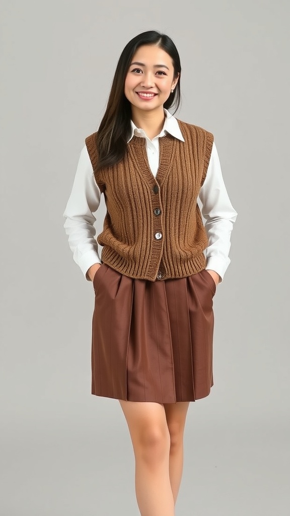 A woman wearing a brown sweater vest over a white button-up shirt with a pleated brown skirt, smiling and posing.