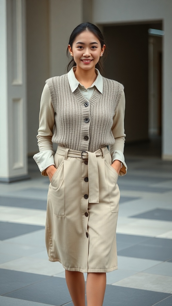 A woman wearing a sweater vest over a midi shirt dress with a belt, smiling outdoors.