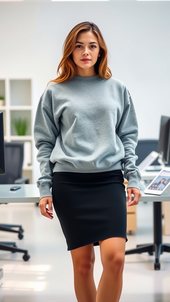 A woman wearing a gray sweatshirt and a black pencil skirt in an office setting.
