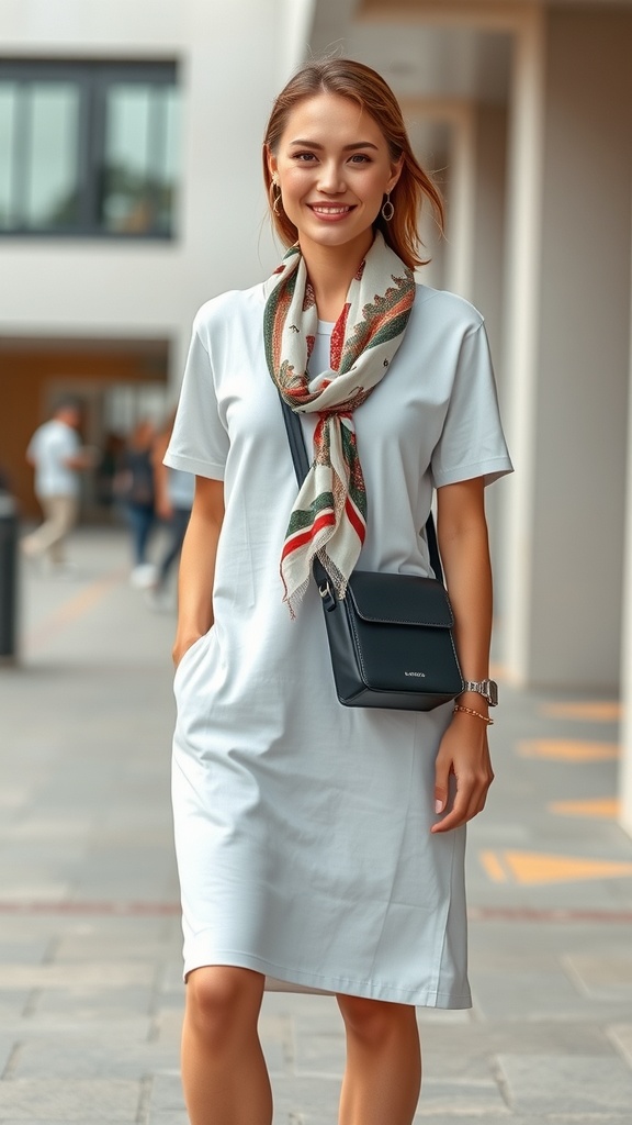 A woman wearing a light t-shirt dress with a colorful lightweight scarf, smiling and posing outdoors.