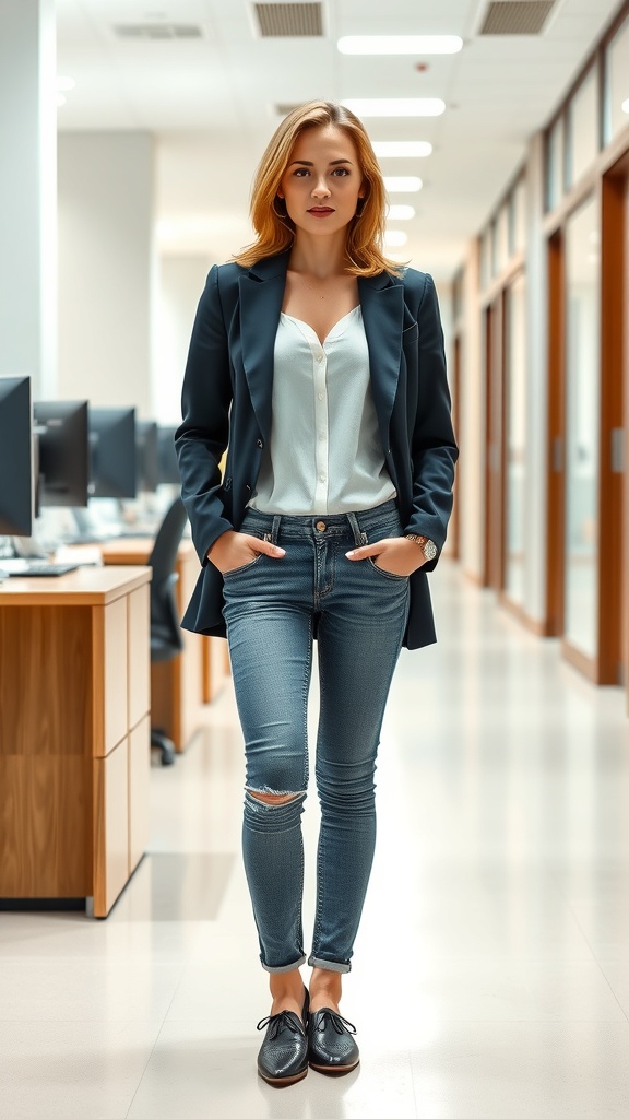 A woman wearing a tailored blazer with light-wash jeans, standing confidently in an office setting.