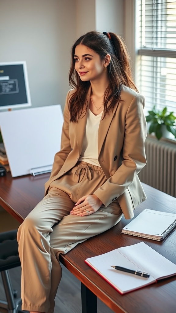 A black blazer and tailored joggers laid out on a table with a notepad and pen.