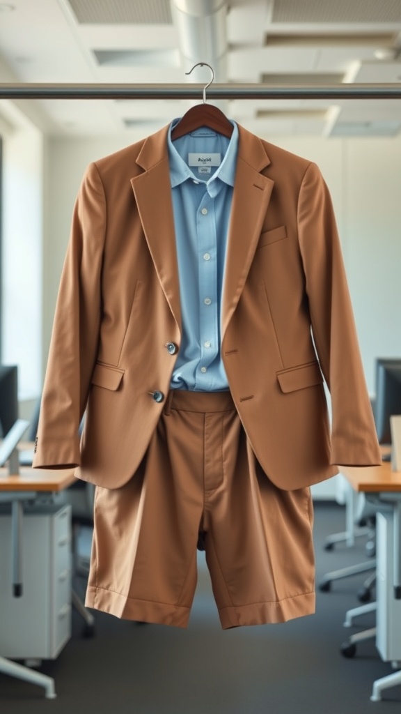 A brown tailored blazer and shorts hanging on a rack in an office setting.