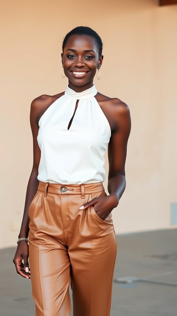 A woman smiling while wearing tan leather pants and a white halter top.