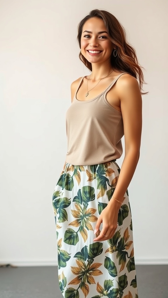 A woman smiling while wearing a beige tank top and a floral maxi skirt.