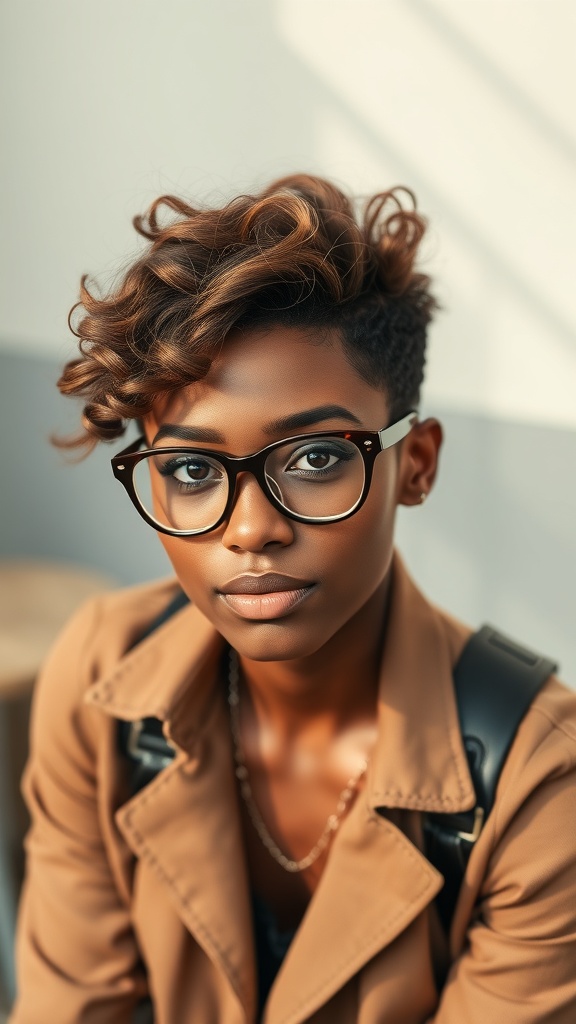A woman with a tapered brown pixie cut featuring curls on top, wearing glasses and a stylish coat.