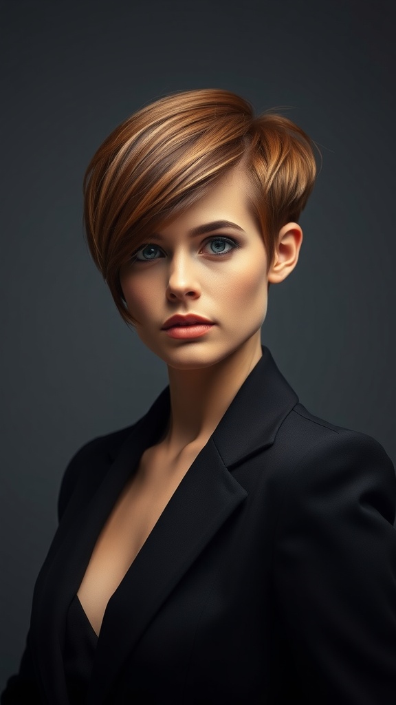 A woman with a tapered nape pixie cut featuring a long top, wearing a black blazer.
