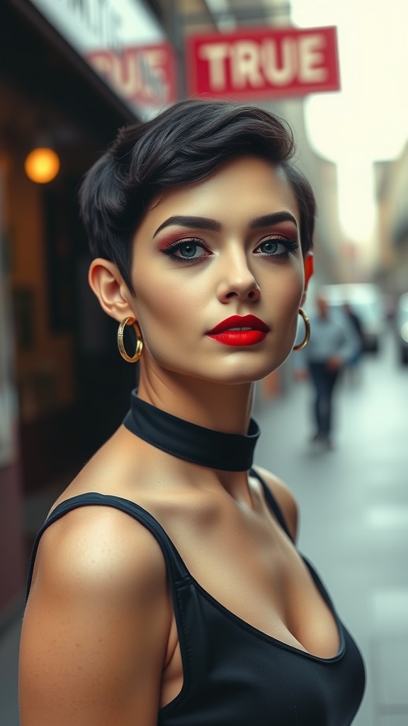 A close-up of a woman with a tapered pixie cut, bold red lips, and striking makeup, showcasing vintage hair inspo.