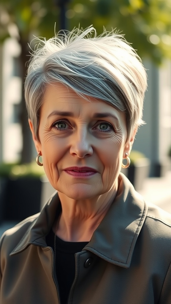 A woman with a tapered pixie haircut and side bangs, showcasing a stylish look for thin hair over 50.