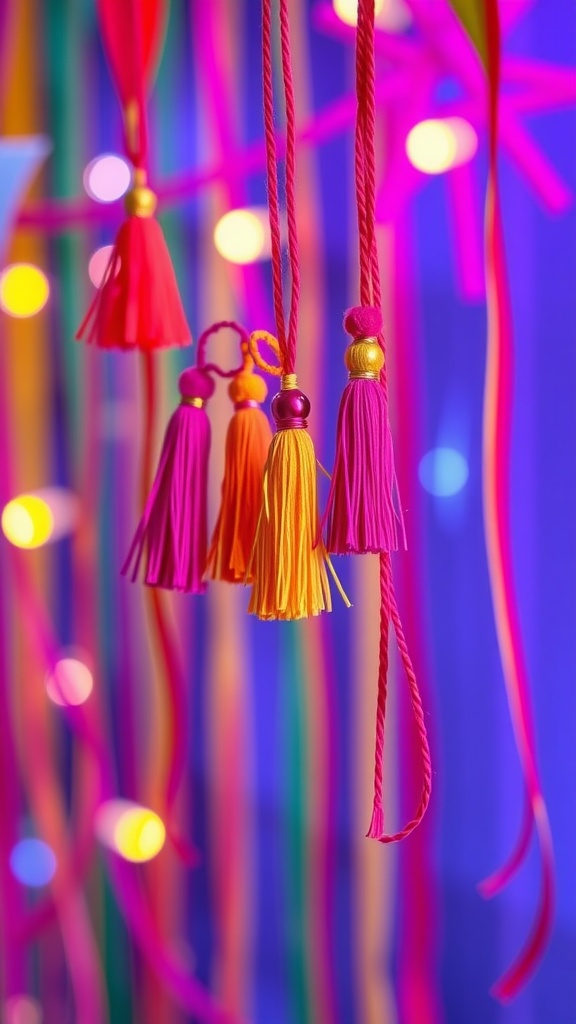 Colorful tassel hair clips hanging against a vibrant background.
