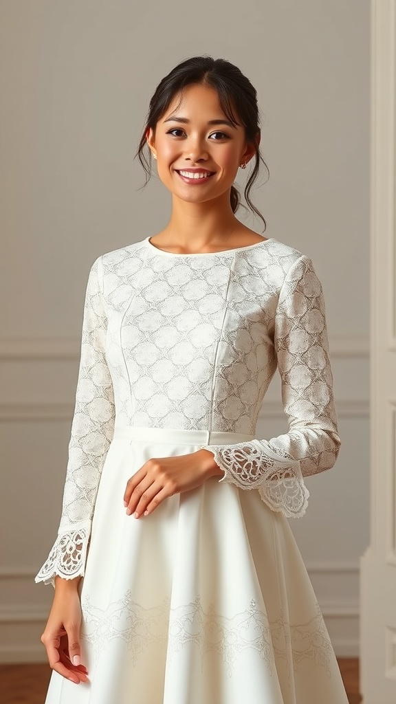 A smiling model wearing a lace long sleeve wedding dress with a tea-length skirt.