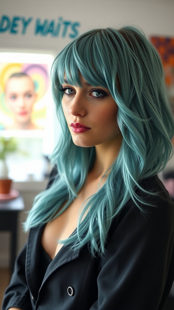 A vibrant teal blue shag cut hairstyle, showcasing layers and texture.