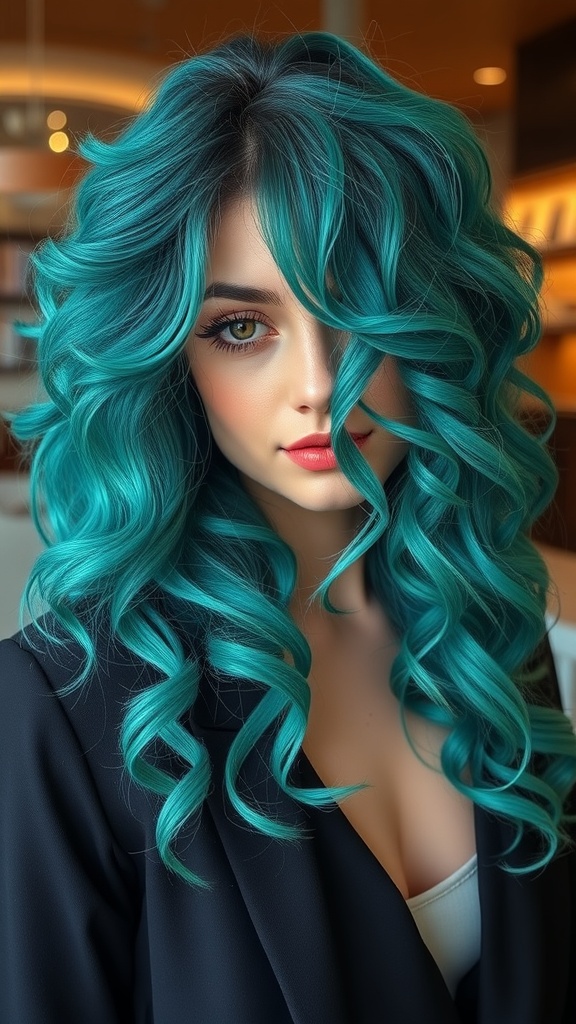 A person with teal curly hair styled in layers, smiling outdoors.