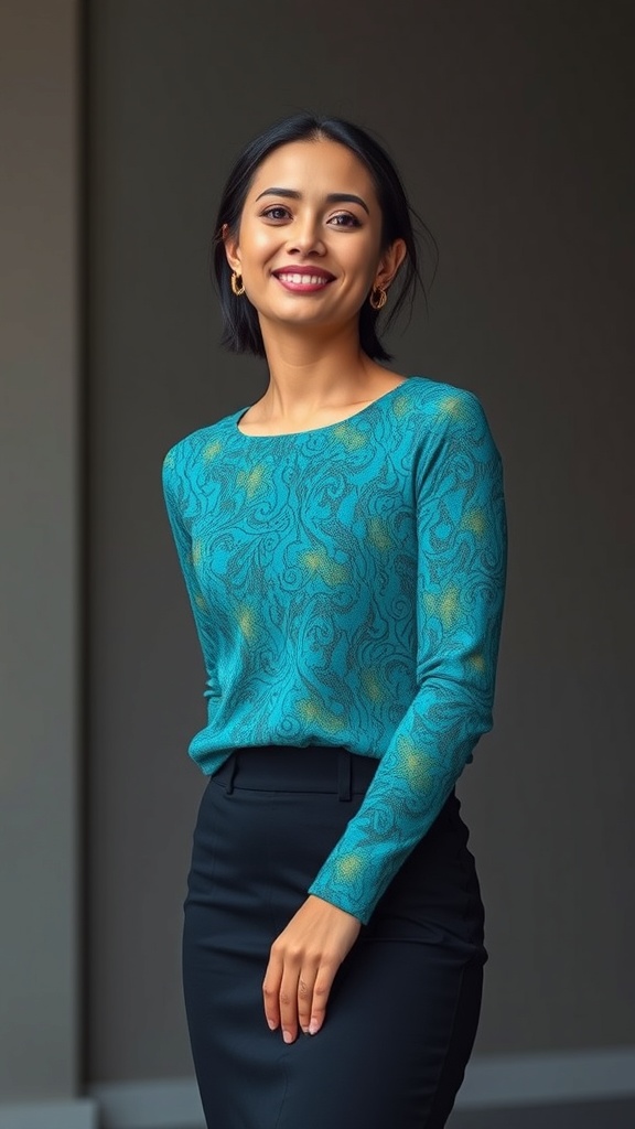 A woman wearing a teal lace long sleeve top and a black pencil skirt, smiling confidently.