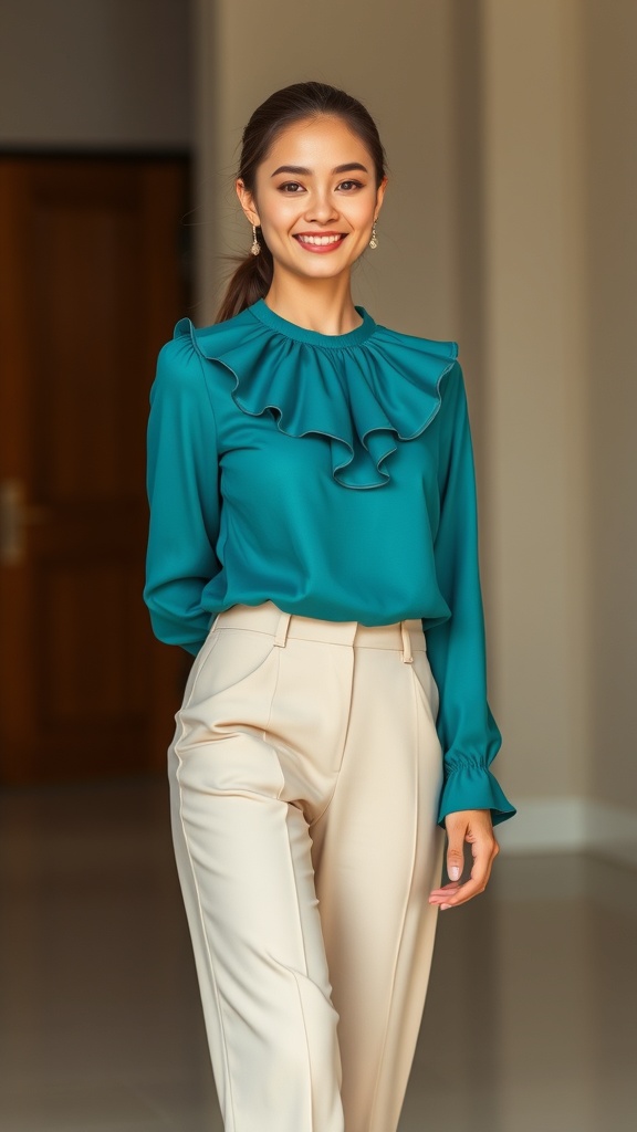 A woman wearing a teal ruffle neck long sleeve blouse and beige cropped trousers, smiling confidently.