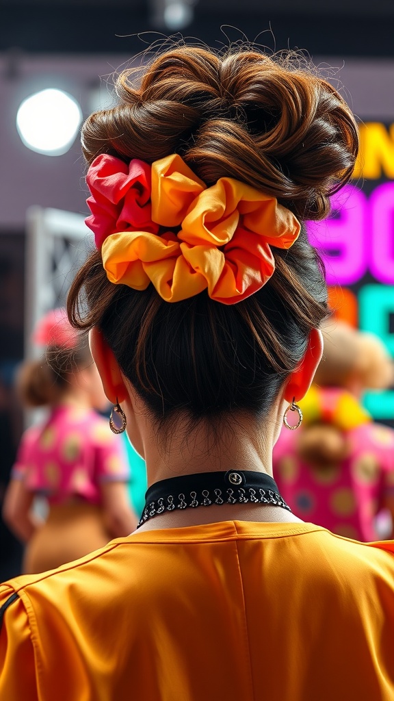 A close-up of a teased updo hairstyle secured with colorful scrunchies, showcasing a vibrant and playful look.