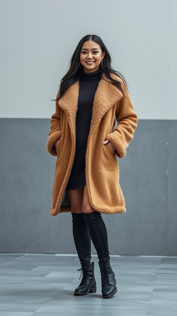 A woman wearing a teddy coat over a knit dress with combat boots, posing confidently.