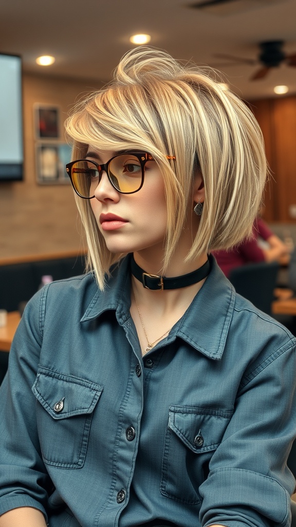 A woman with a textured bob hairstyle featuring an undercut, wearing glasses and a casual shirt.