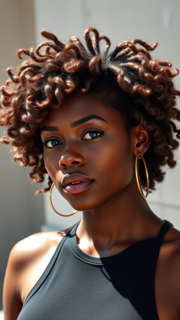 A woman with a textured brown pixie cut featuring tapered sides, showcasing her confident style.