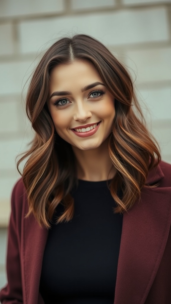 A woman with a textured brunette bob featuring burgundy lowlights, smiling while wearing a burgundy coat.