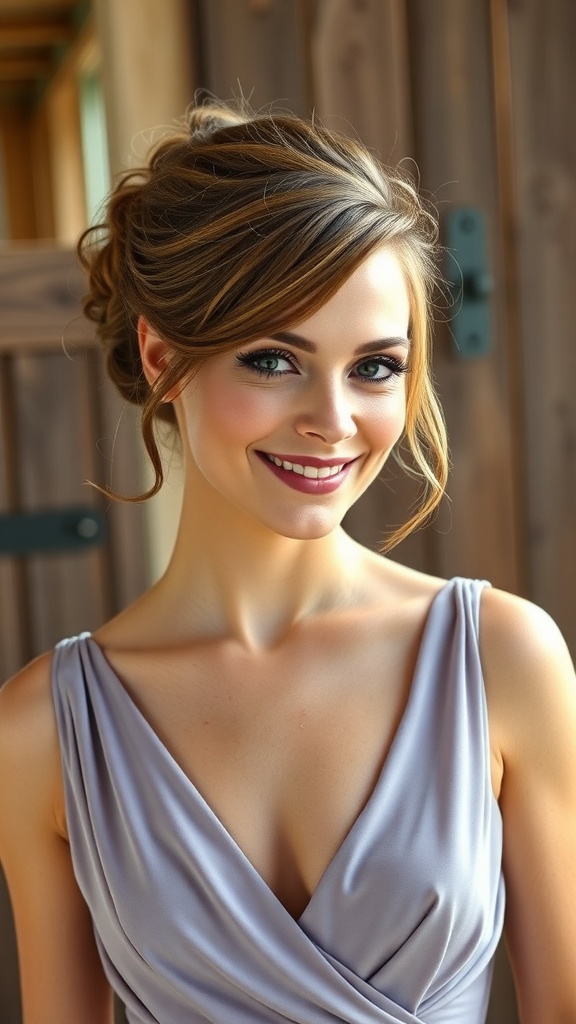 A woman with a textured bun hairstyle featuring loose strands, wearing a light purple dress.