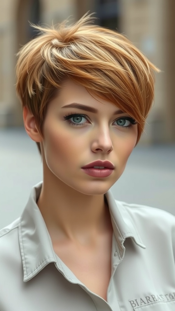 A woman with a textured caramel pixie cut, showcasing a stylish and modern hairstyle.
