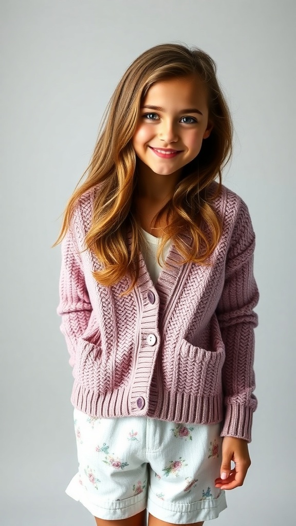 A textured cardigan laid over a brown top and gray pajama shorts on a bed