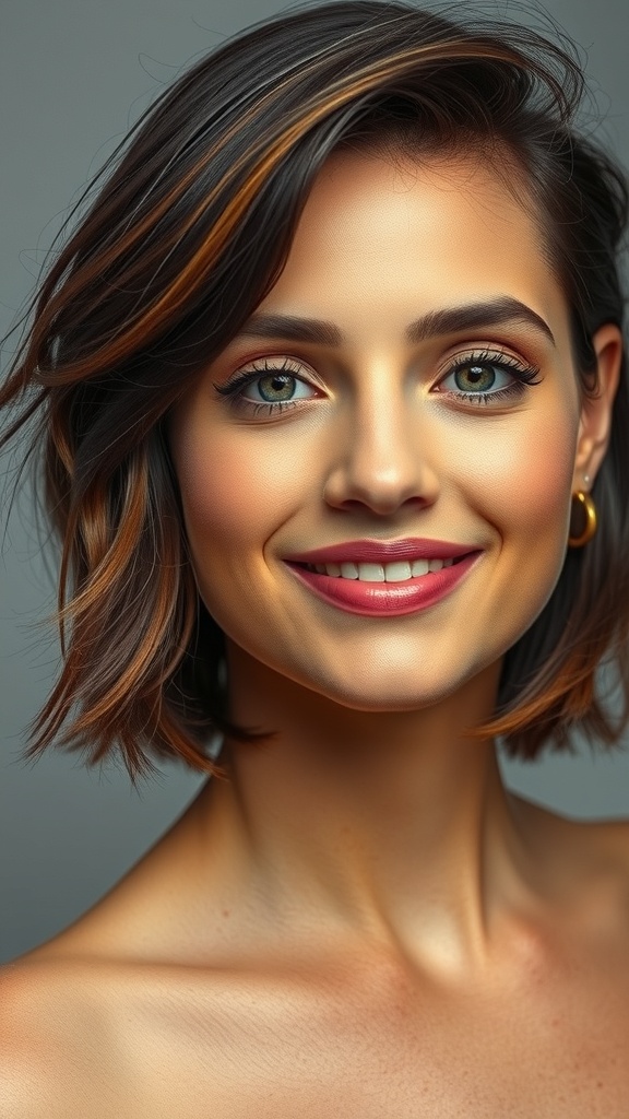 A woman with a textured bob haircut featuring auburn highlights, smiling at the camera.