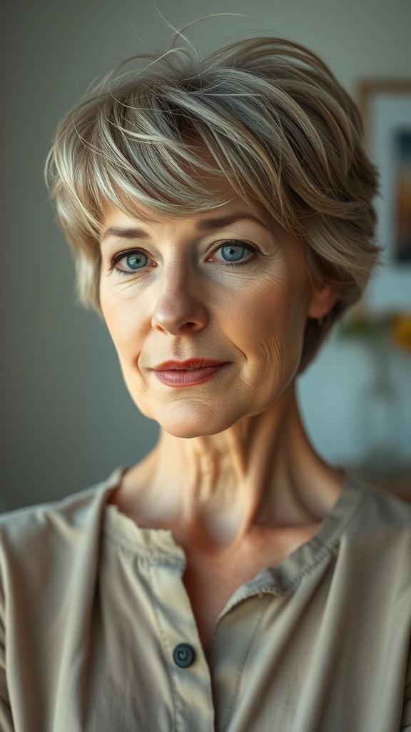 A woman with a textured crop hairstyle, showcasing volume and style, suitable for fine hair over 50.
