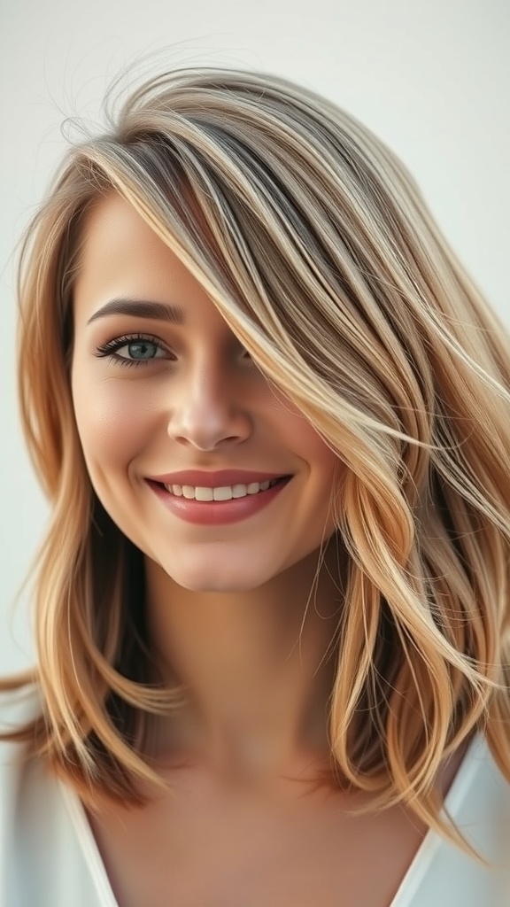 A woman with medium length hair styled in textured layers and side-swept bangs, smiling at the camera.