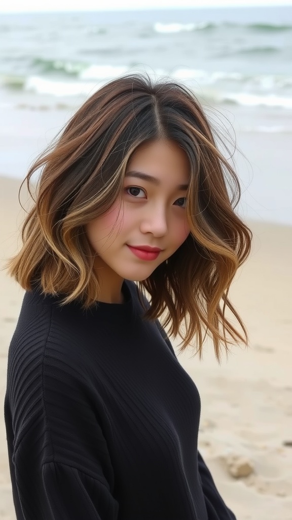 A woman with a textured lob hairstyle, showcasing beachy waves and sun-kissed highlights, standing by the ocean.
