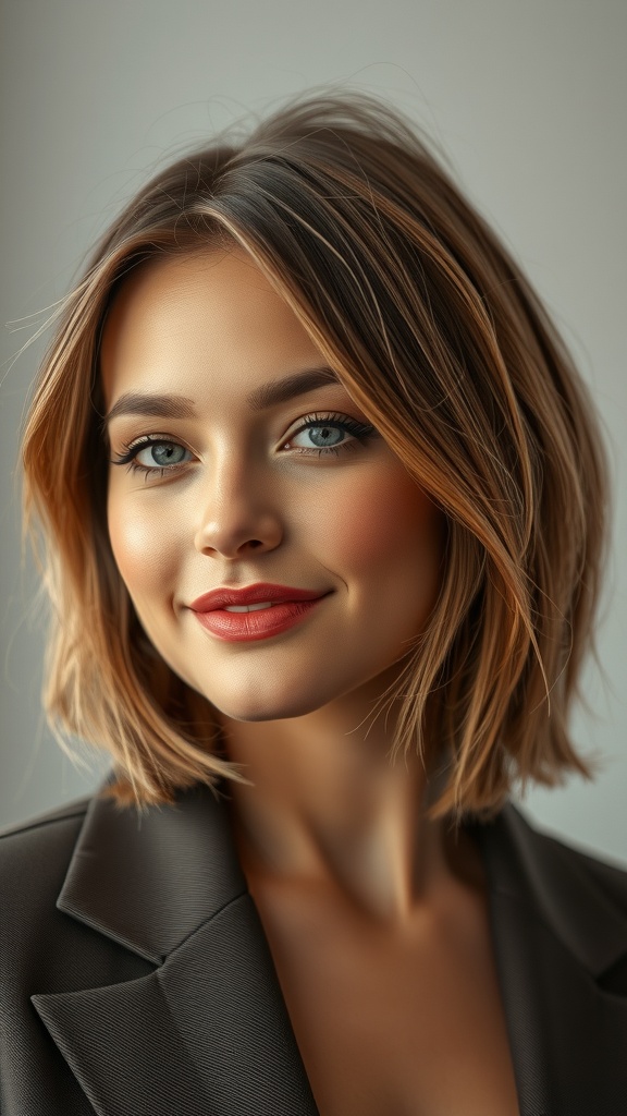 A woman with a textured lob hairstyle featuring cinnamon highlights, smiling confidently.