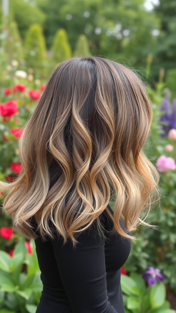 A woman with a textured lob hairstyle featuring soft waves, surrounded by colorful flowers.