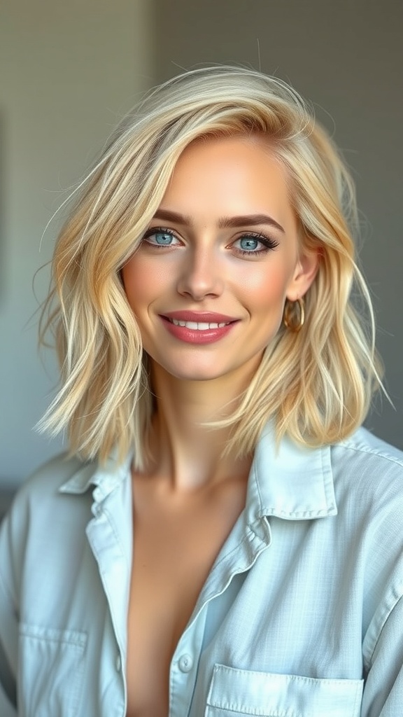 A woman with textured lob hairstyle in creamy vanilla blonde hair, smiling and wearing a light shirt.