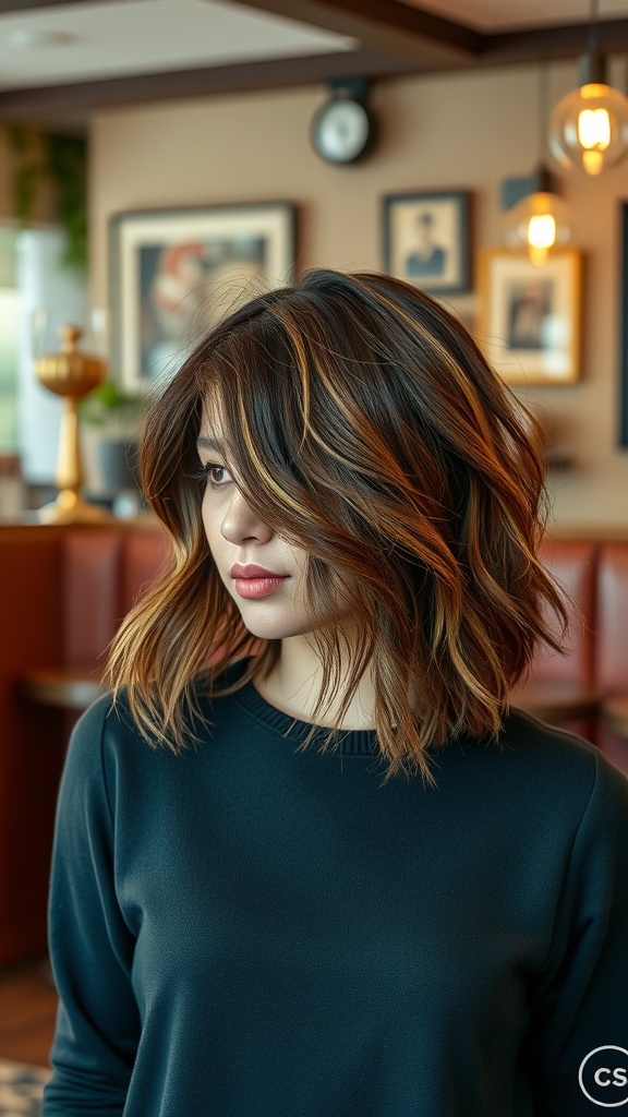 A woman with textured lob hairstyle in light chocolate brown hair, featuring warm undertones.