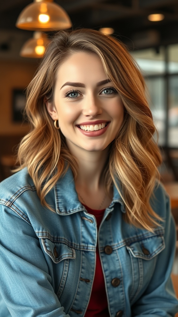 A woman with honey tea brown hair styled in a textured lob with waves, smiling in a cozy cafe.