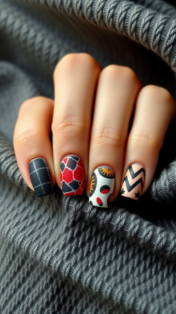 A hand with textured matte nail designs featuring various patterns and colors.