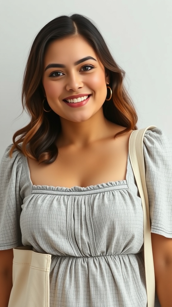A smiling woman wearing a textured mini dress and holding a canvas tote bag.