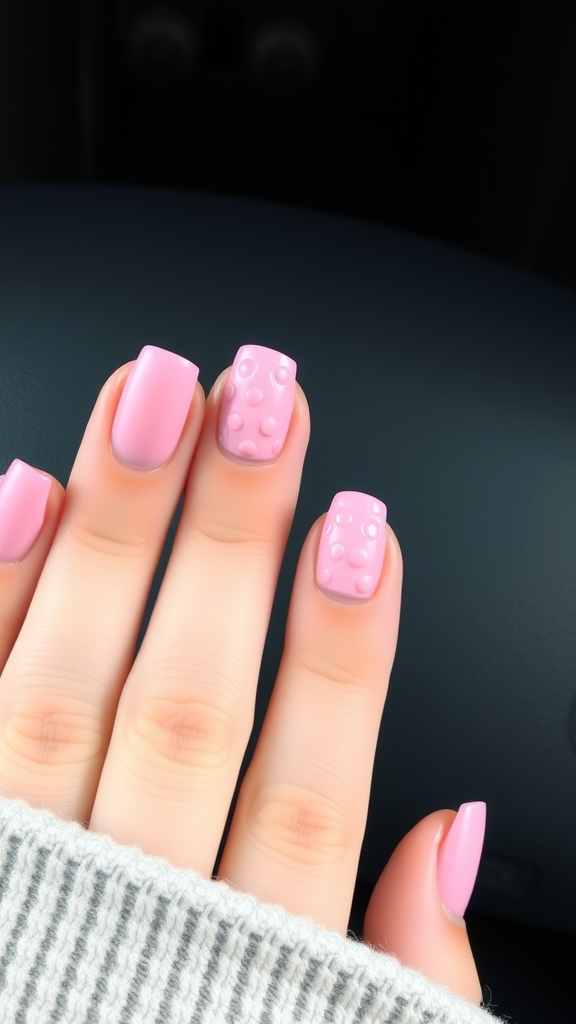 Close-up of textured pink nails with raised dots on one nail, paired with a cozy sweater.