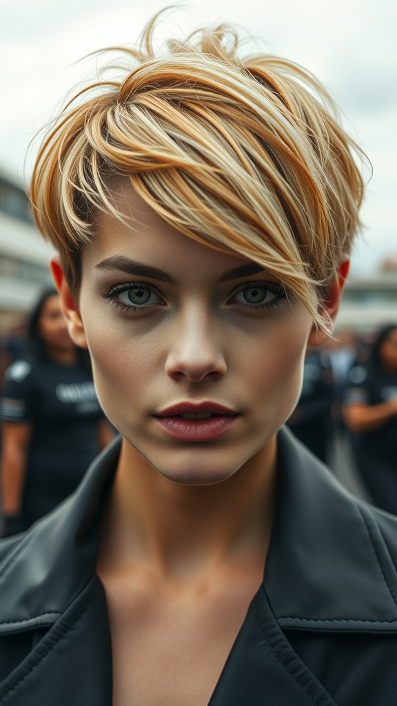 Textured pixie cut in ginger with icy blonde streaks.