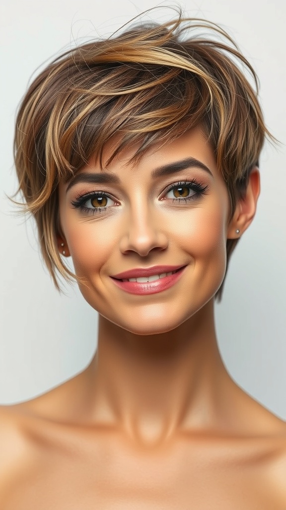 A woman with a textured pixie cut featuring honey blonde highlights, smiling against a plain background.
