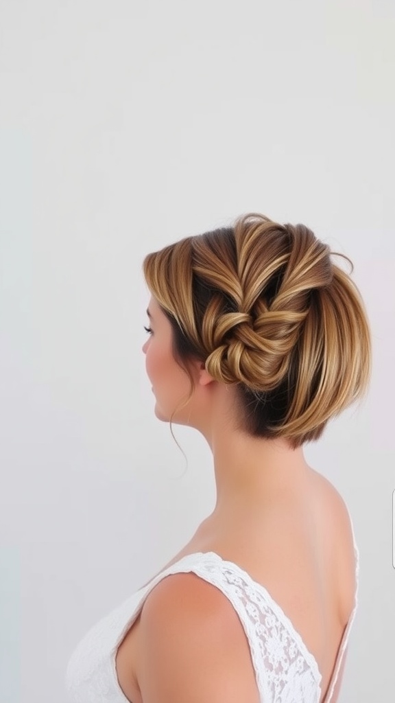 A woman with a textured pixie hairstyle featuring a side braid, styled elegantly for a wedding.