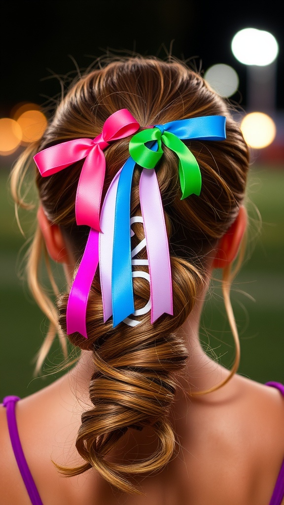 A textured ponytail adorned with colorful ribbons in pink, blue, green, and purple.