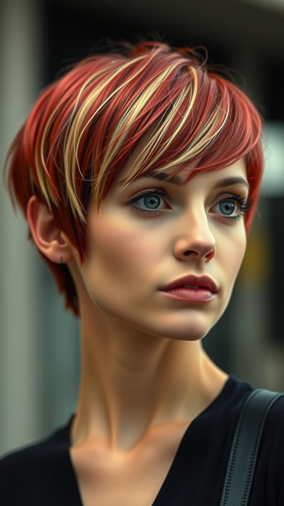A close-up of a woman with a textured red pixie haircut featuring blonde accent panels.