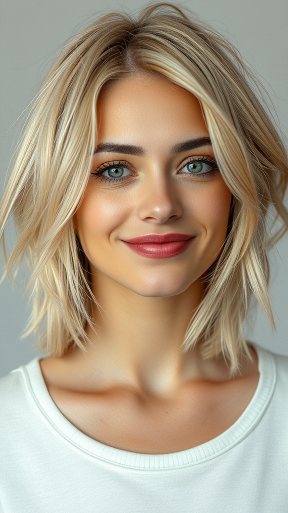 A woman with textured shag blonde hair featuring deep beige lowlights, smiling at the camera.