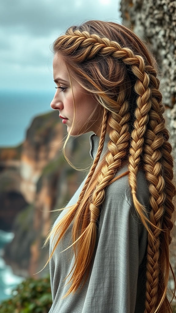 A woman with braided hair styled in Viking fashion, featuring textured waves and multiple braids.