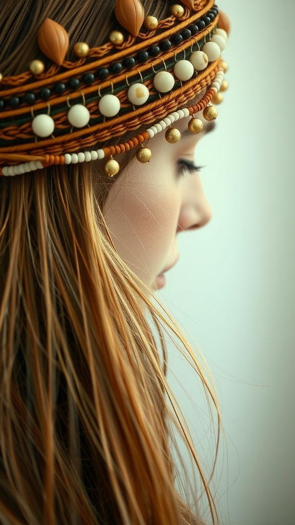 A close-up of a woman with long hair wearing a colorful beaded hair wrap.